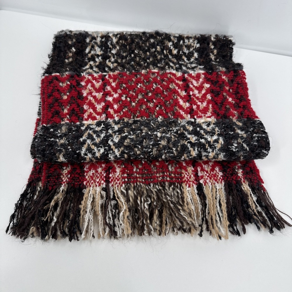 P. Cornillon, Made In France, Knit Wool Blend Scarf, Red Browns Gray With Fringe - Picture 5 of 6
